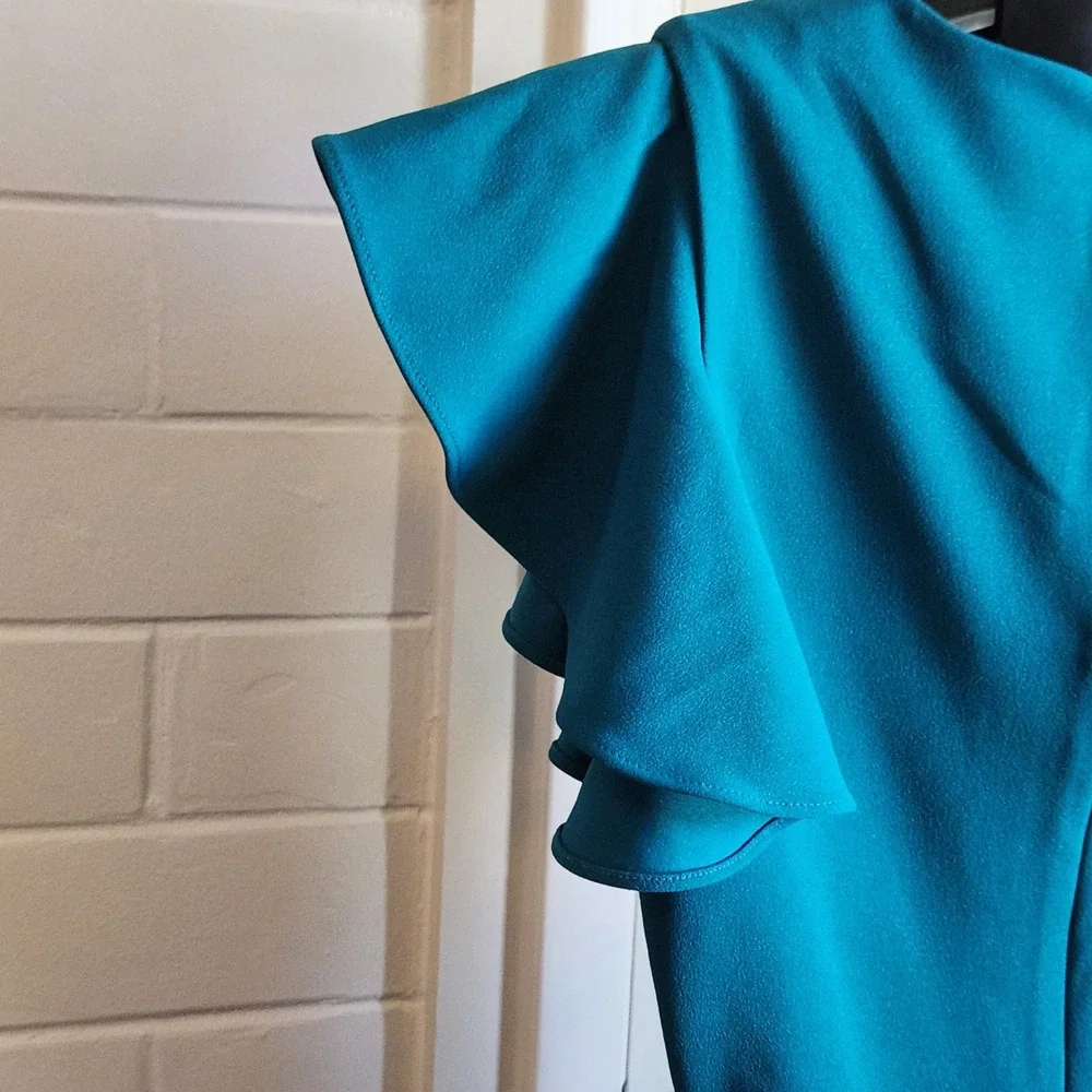 Calvin Klein Womens Teal Ruffle Sleeve‎ Sheath Dress Size 10 Belted Knee Length